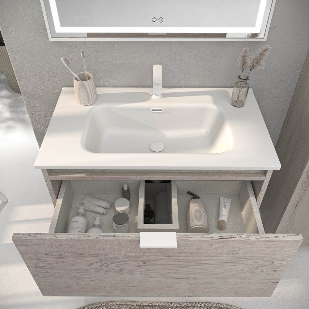 Móvel de casa de banho com pés LUCE acabamento CARVALHO MOZART com lavatório porcelana BRANCO – imagem 5