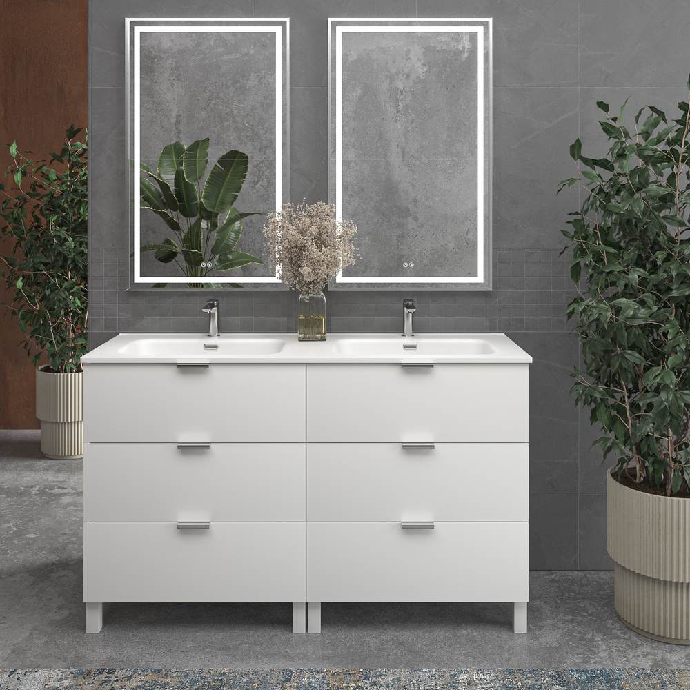 Móvel de casa de banho com pés LUXOR 6 gavetas BRANCO com tampo porcelana BRANCO – imagem 1