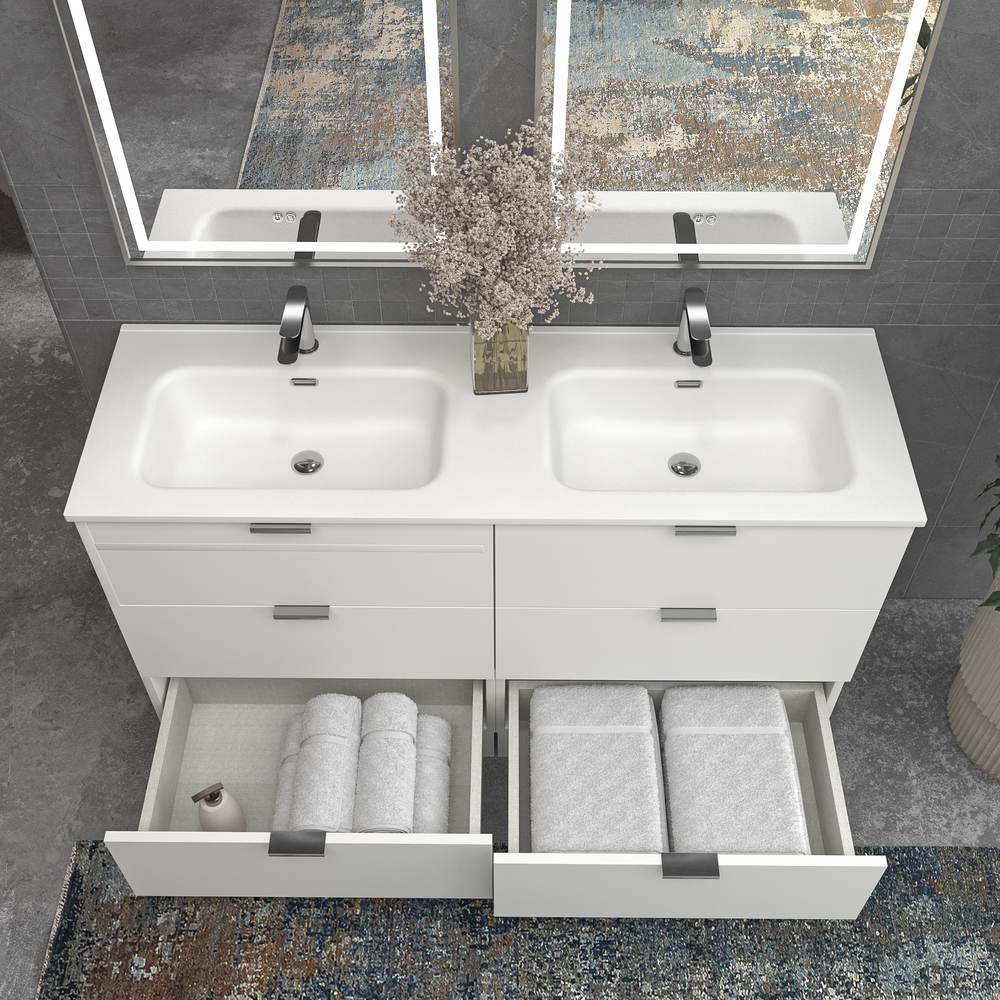 Móvel de casa de banho com pés LUXOR 6 gavetas BRANCO com tampo porcelana BRANCO – imagem 4