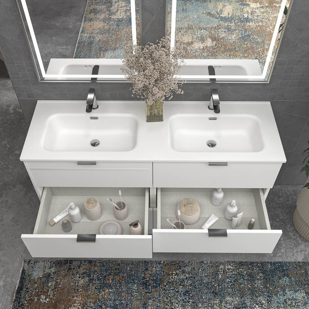 Móvel de casa de banho com pés LUXOR 6 gavetas BRANCO com tampo porcelana BRANCO – imagem 3