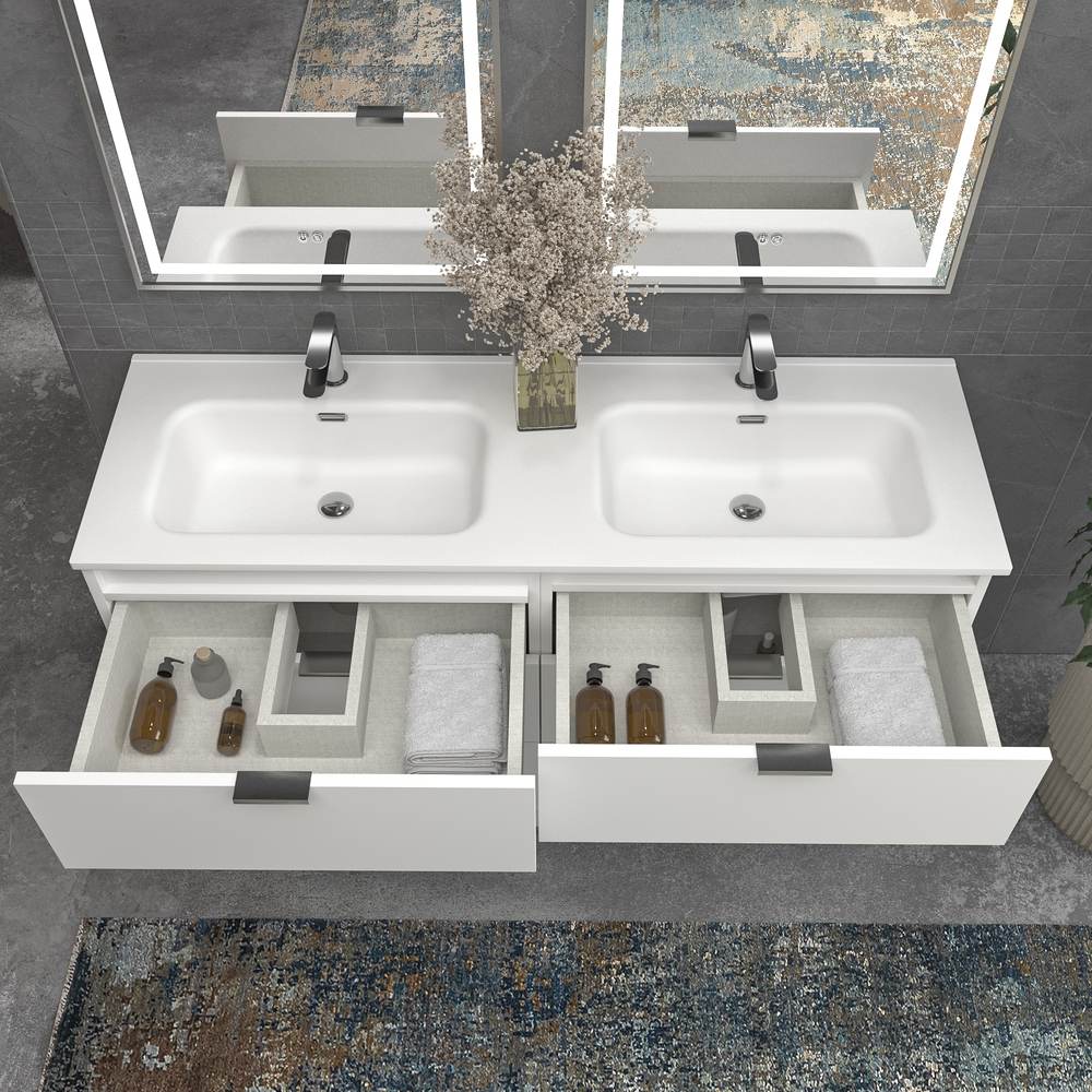 Móvel de casa de banho com pés LUXOR 6 gavetas BRANCO com tampo porcelana BRANCO – imagem 2