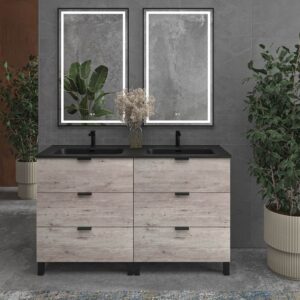 Móvel de casa de banho com pés LUXOR 6 gavetas BETÃO com tampo porcelana PRETO – imagem 1
