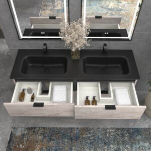 Móvel de casa de banho com pés LUXOR 6 gavetas BETÃO com tampo porcelana PRETO – imagem 2