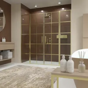 Divisória de duche frontal OPEN 2 fixos - 2 portas rebatíveis decorado industrial quadrados DOURADO MATE – imagem 1