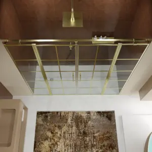 Divisória de duche frontal OPEN 2 fixos - 2 portas rebatíveis decorado industrial quadrados DOURADO MATE – imagem 2