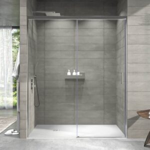 Divisória de duche NOVUM frontal 1 fixo - 1 porta de correr vidro transparente 6 mm. AÇO INOXIDÁVEL – imagem 1