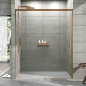 Divisória de duche NOVUM frontal 1 fixo - 1 porta de correr vidro transparente 6 mm. COBRE MATE – imagem 1