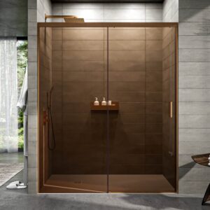 Divisória de duche NOVUM frontal 1 fixo - 1 porta de correr vidro parsol bronze 6 mm. COBRE MATE – imagem 1