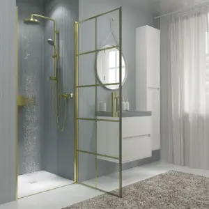 Divisória de duche frontal OPEN 1 porta SERIGRAFADA rebatível à medida acabamento DOURADO MATE – imagem 2