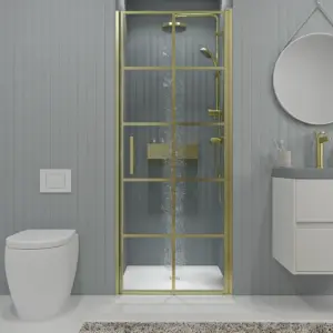 Divisória de duche frontal OPEN 1 porta SERIGRAFADA rebatível à medida acabamento DOURADO MATE – imagem 1