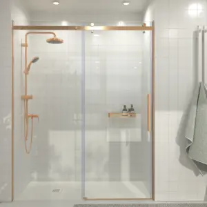 Divisória de duche em aço inoxidável LEXY frontal 1 fixo - 1 porta de correr vidro 8 mm transparente COBRE – imagem 1