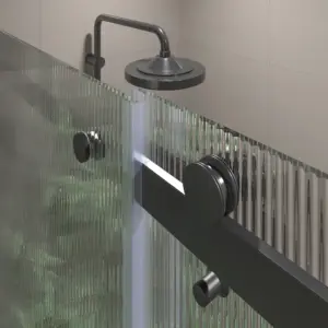 Divisória de duche em aço inoxidável LEXY frontal 1 fixo - 1 porta de correr vidro 8 mm acanalado PRETO – imagem 2
