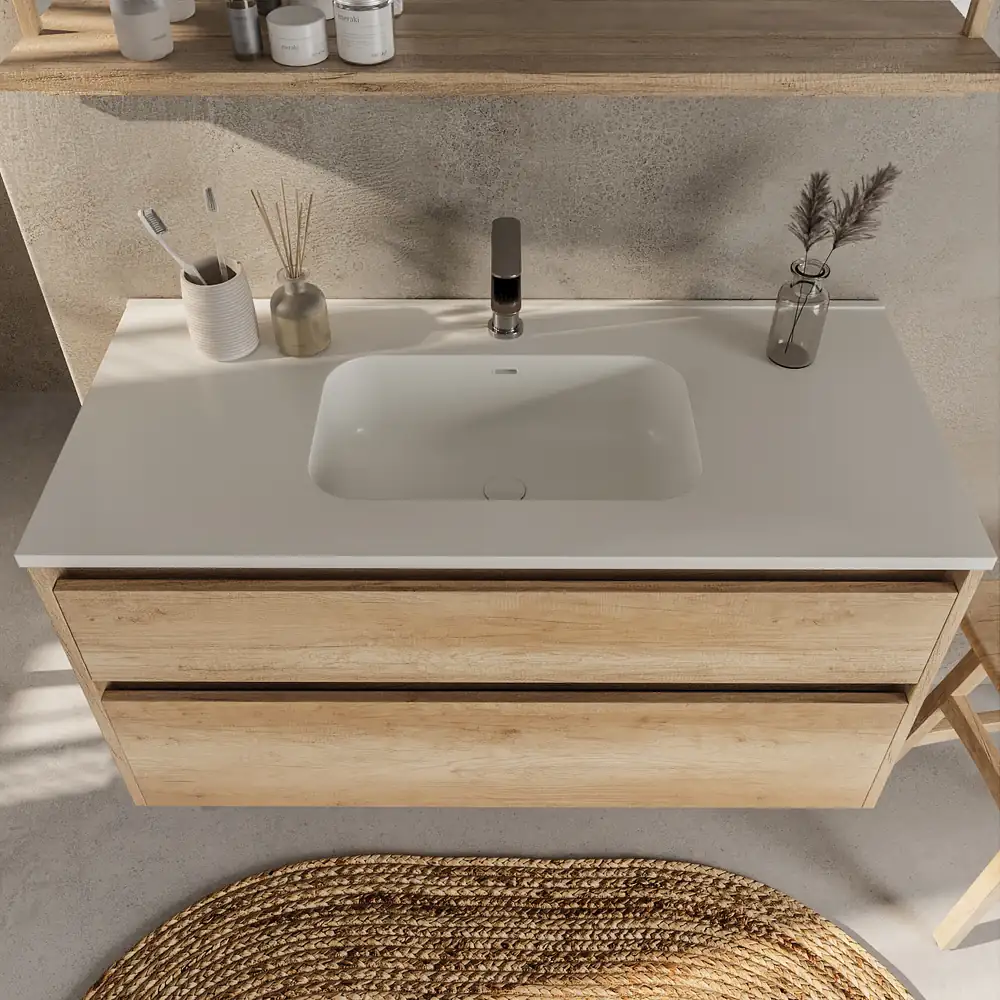 Móvel de casa de banho suspenso 2 gavetas SABIC com lavatório de porcelana CARVALHO ARIZONA – imagem 4