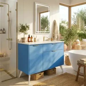 Móvel de casa de banho com pés KLUM 2 gavetas/1 porta acabamento AZUL LUMINOSO com lavatório Solid Surface – imagem 1