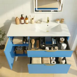 Móvel de casa de banho com pés KLUM 2 gavetas/1 porta acabamento AZUL LUMINOSO com lavatório Solid Surface – imagem 2