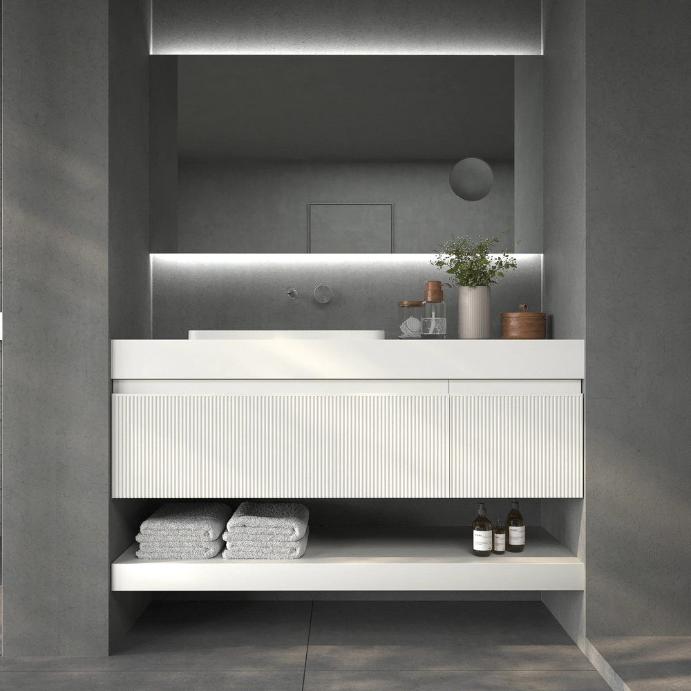 Móvel de casa de banho suspenso NIC 2 gavetas BRANCO com tampo SOLID SURFACE – imagem 1