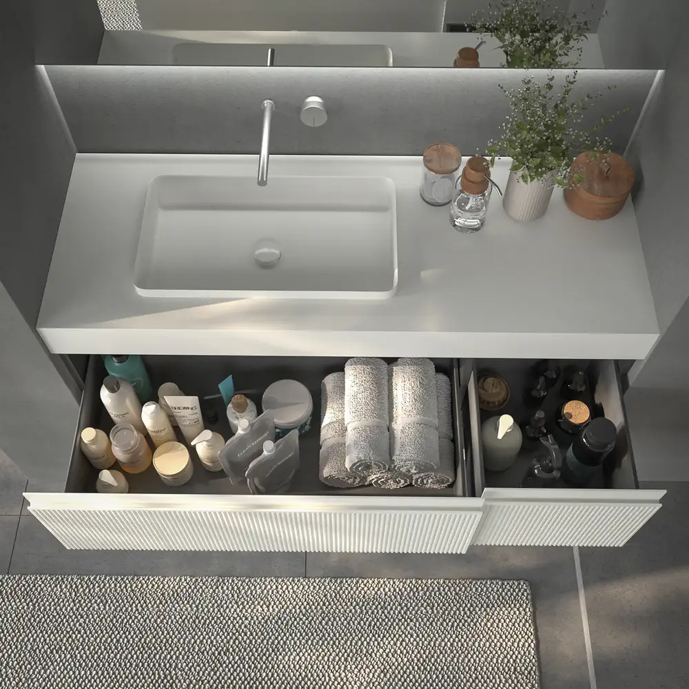 Móvel de casa de banho suspenso NIC 2 gavetas BRANCO com tampo SOLID SURFACE – imagem 3