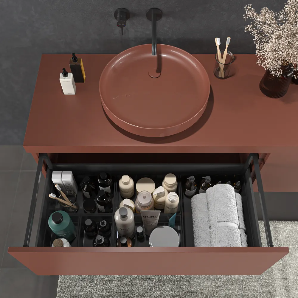 Móvel de casa de banho suspenso TESIS 2 gavetas + cesto de roupa com tampo COBRE PÉROLA com tampo SOLID SURFACE – imagem 6