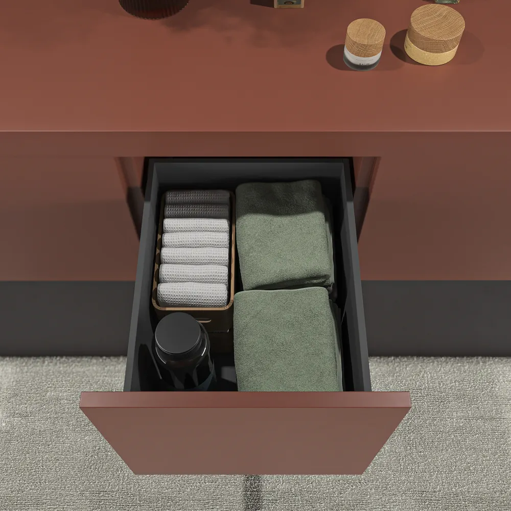 Móvel de casa de banho suspenso TESIS 2 gavetas + cesto de roupa com tampo COBRE PÉROLA com tampo SOLID SURFACE – imagem 5