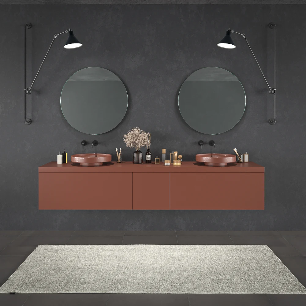 Móvel de casa de banho suspenso TESIS 2 gavetas + cesto de roupa com tampo COBRE PÉROLA com tampo SOLID SURFACE – imagem 1