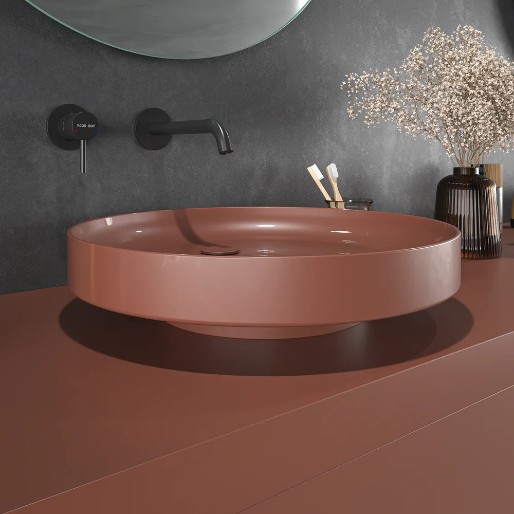 Móvel de casa de banho suspenso TESIS 2 gavetas + cesto de roupa com tampo COBRE PÉROLA com tampo SOLID SURFACE – imagem 4