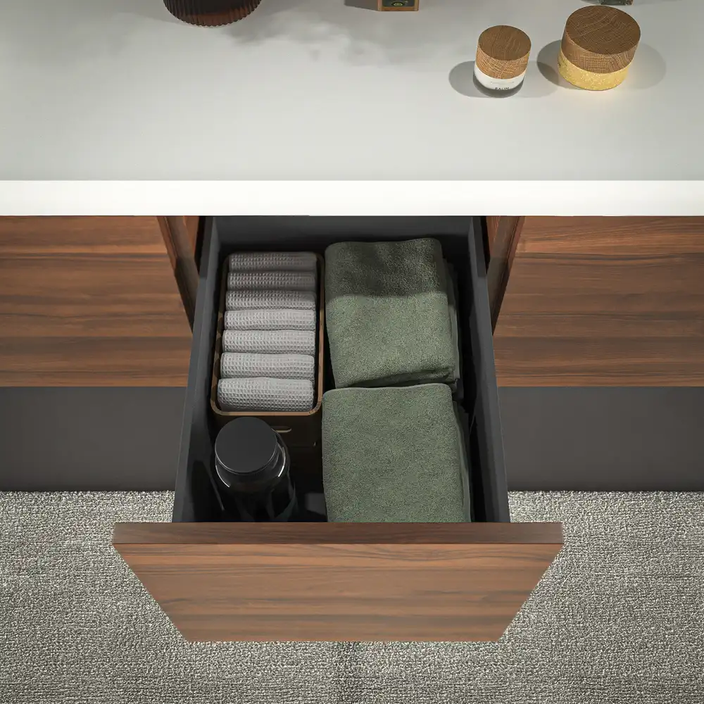 Móvel de casa de banho suspenso TESIS 2 gavetas + cesto de roupa NOGUEIRA VALENTINA com tampo BRANCO com tampo SOLID SURFACE – imagem 5
