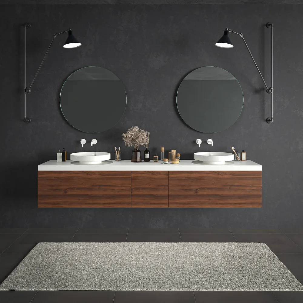 Móvel de casa de banho suspenso TESIS 2 gavetas + cesto de roupa NOGUEIRA VALENTINA com tampo BRANCO com tampo SOLID SURFACE – imagem 1