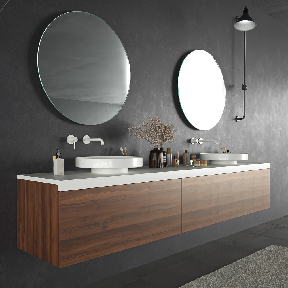 Móvel de casa de banho suspenso TESIS 2 gavetas + cesto de roupa NOGUEIRA VALENTINA com tampo BRANCO com tampo SOLID SURFACE – imagem 3