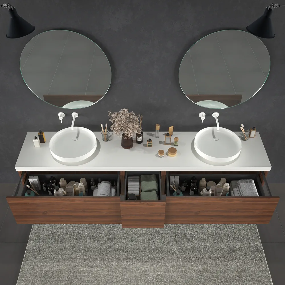 Móvel de casa de banho suspenso TESIS 2 gavetas + cesto de roupa NOGUEIRA VALENTINA com tampo BRANCO com tampo SOLID SURFACE – imagem 2