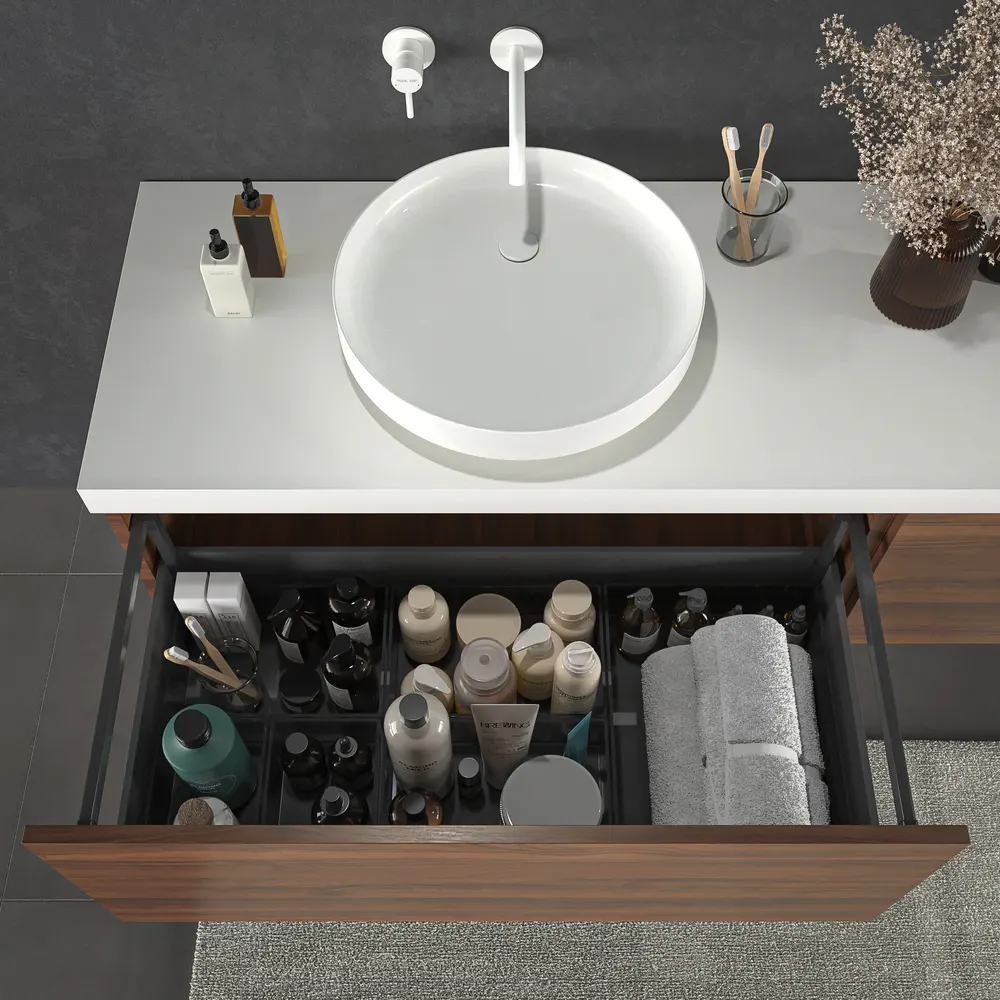 Móvel de casa de banho suspenso TESIS 2 gavetas + cesto de roupa NOGUEIRA VALENTINA com tampo BRANCO com tampo SOLID SURFACE – imagem 6