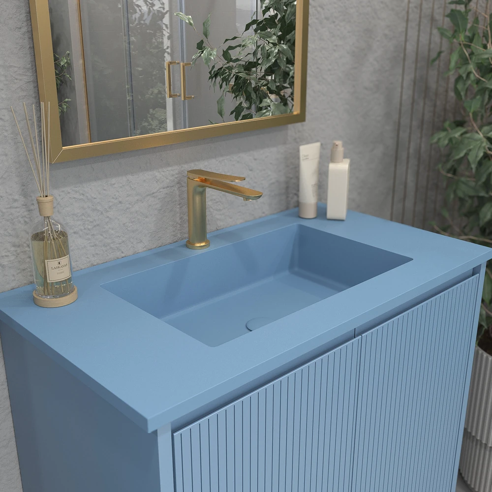 Móvel de casa de banho BLANCA com pés 2 portas acabamento AZUL PASTEL – imagem 3