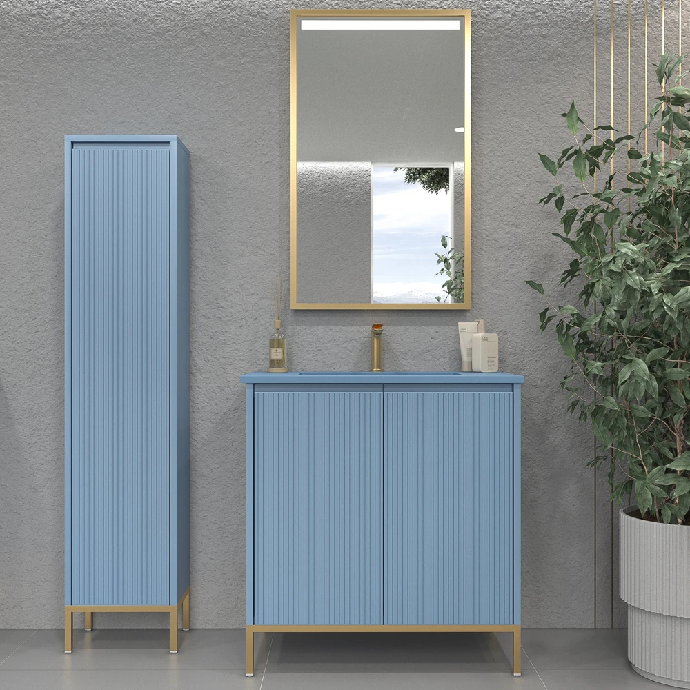 Móvel de casa de banho BLANCA com pés 2 portas acabamento AZUL PASTEL – imagem 1