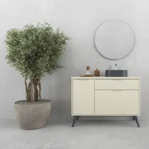 Móvel de casa de banho com pés KLUM 2 gavetas/1 porta acabamento CREME com lavatório Solid Surface – imagem 1