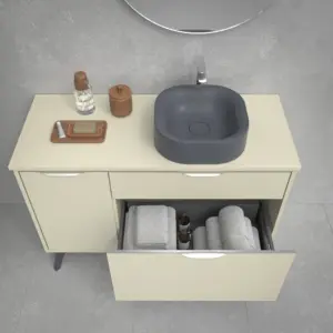 Móvel de casa de banho com pés KLUM 2 gavetas/1 porta acabamento CREME com lavatório Solid Surface – imagem 2