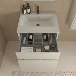 Móvel de casa de banho com pés KLUM 2 gavetas acabamento CINZENTO SEDA com lavatório Solid Surface – imagem 2