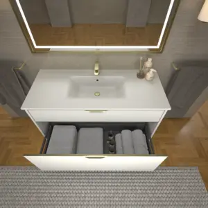 Móvel de casa de banho com pés KLUM 2 gavetas acabamento BRANCO CINZA com lavatório Solid Surface – imagem 2