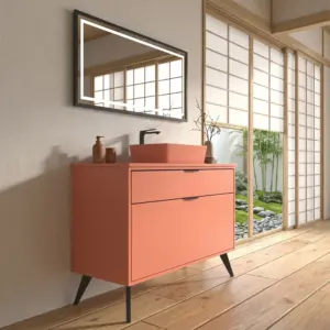 Móvel de casa de banho com pés KLUM 2 gavetas acabamento SALMÃO com lavatório Solid Surface – imagem 2