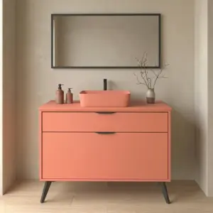 Móvel de casa de banho com pés KLUM 2 gavetas acabamento SALMÃO com lavatório Solid Surface – imagem 1