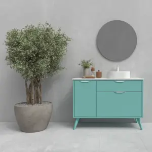 Móvel de casa de banho com pés KLUM 2 gavetas/1 porta acabamento VERDE CLARO com lavatório Solid Surface – imagem 1