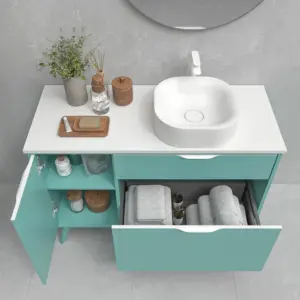 Móvel de casa de banho com pés KLUM 2 gavetas/1 porta acabamento VERDE CLARO com lavatório Solid Surface – imagem 2