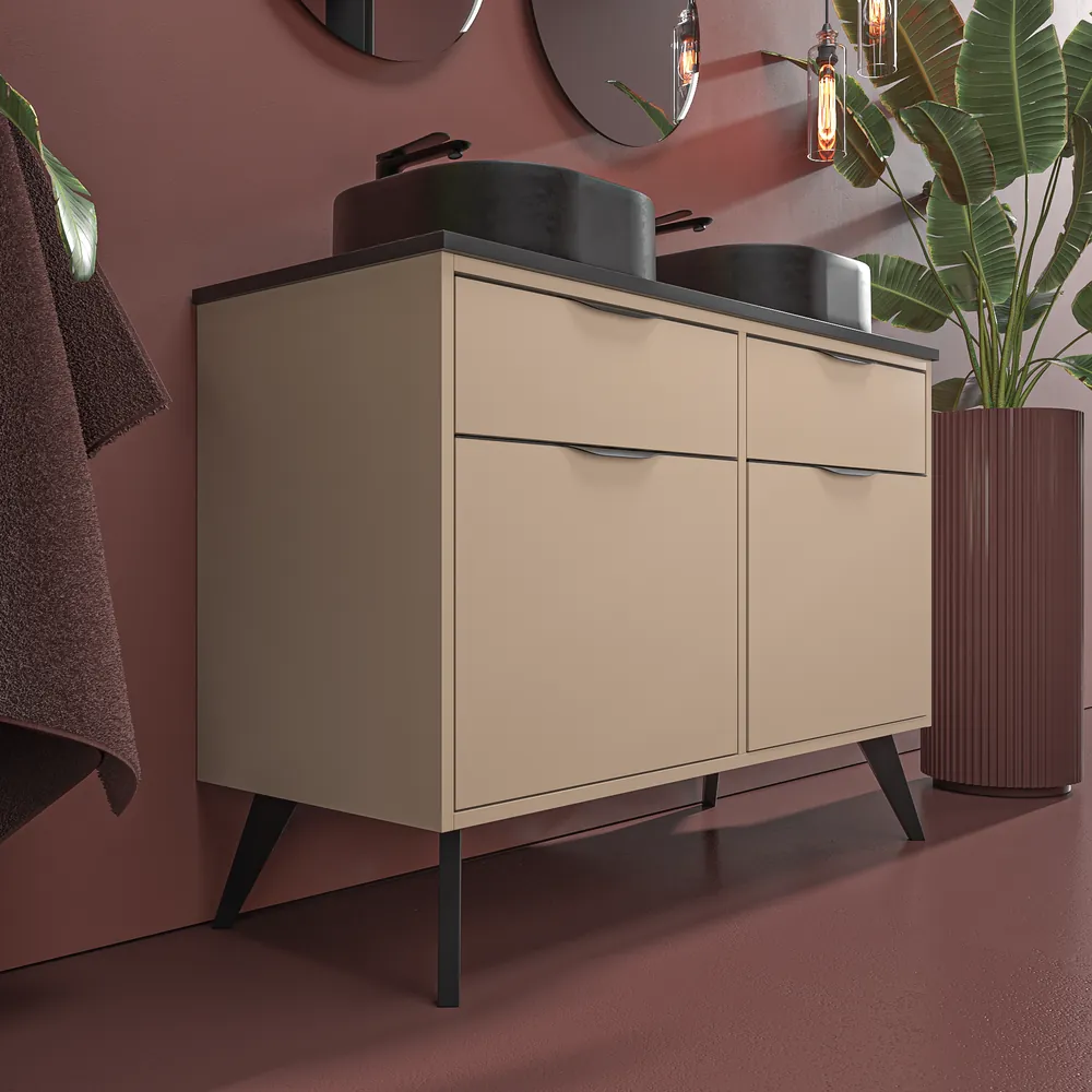 Móvel de casa de banho com pés KLUM 4 gavetas acabamento MOKA com lavatório Solid Surface – imagem 4