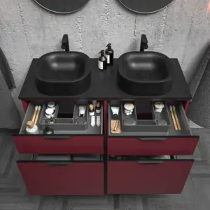 Móvel de casa de banho com pés KLUM 4 gavetas acabamento VERMELHO VINHO com lavatório Solid Surface – imagem 2