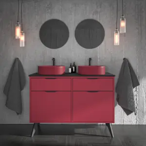 Móvel de casa de banho com pés KLUM 4 gavetas acabamento VERMELHO VINHO com lavatório Solid Surface – imagem 1