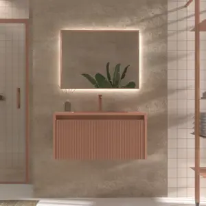 Móvel de casa de banho suspenso BINARIO 1 gaveta acabamento VERMELHO BEGE – imagem 1