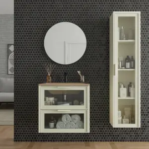 Móvel de casa de banho suspenso 2 gavetas frente em vidro BETA com lavatório Solid Surface CREME – imagem 1