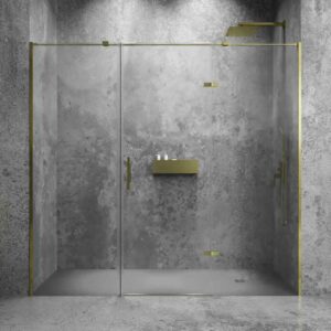 Divisória de duche frontal SILEX 2 fixos - 1 porta rebatível à medida. Acabamento DOURADO MATE – imagem 1