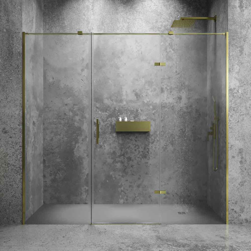 Divisória de duche frontal SILEX 2 fixos - 1 porta rebatível à medida. Acabamento DOURADO MATE – imagem 1