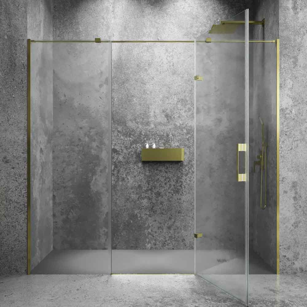 Divisória de duche frontal SILEX 2 fixos - 1 porta rebatível à medida. Acabamento DOURADO MATE – imagem 6