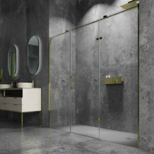Divisória de duche frontal SILEX 2 fixos - 1 porta rebatível à medida. Acabamento DOURADO MATE – imagem 2