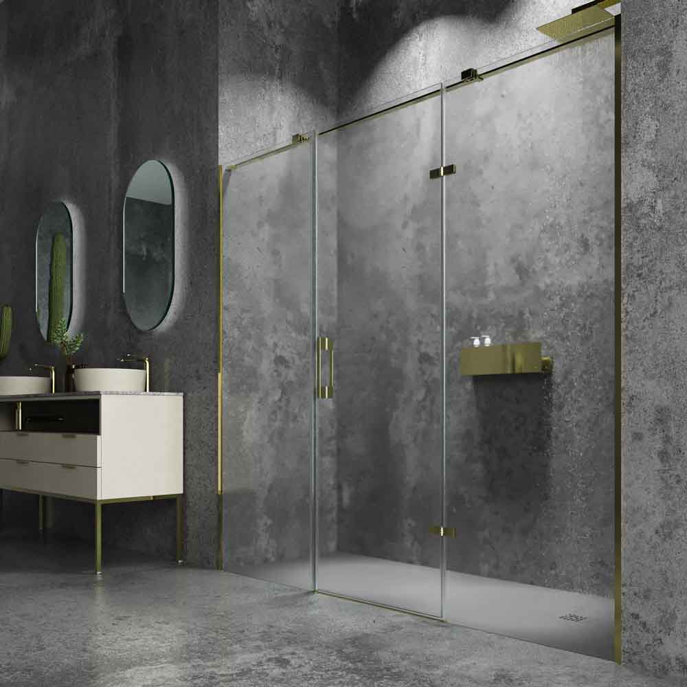 Divisória de duche frontal SILEX 2 fixos - 1 porta rebatível à medida. Acabamento DOURADO MATE – imagem 2